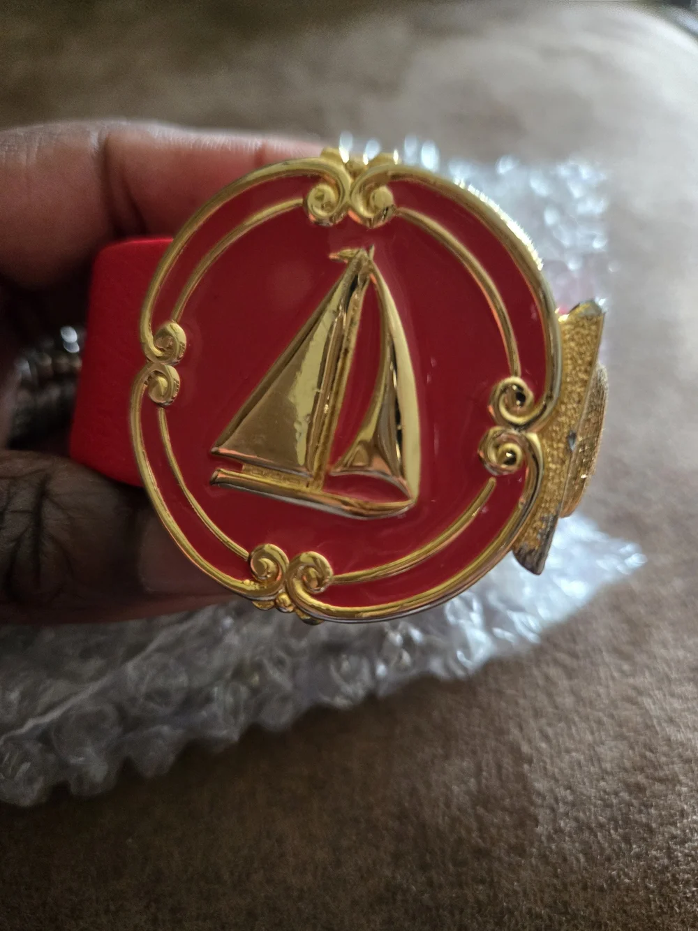 Luxury Red Leather Belt with Gold Nautical BuckleDouglas Paquette